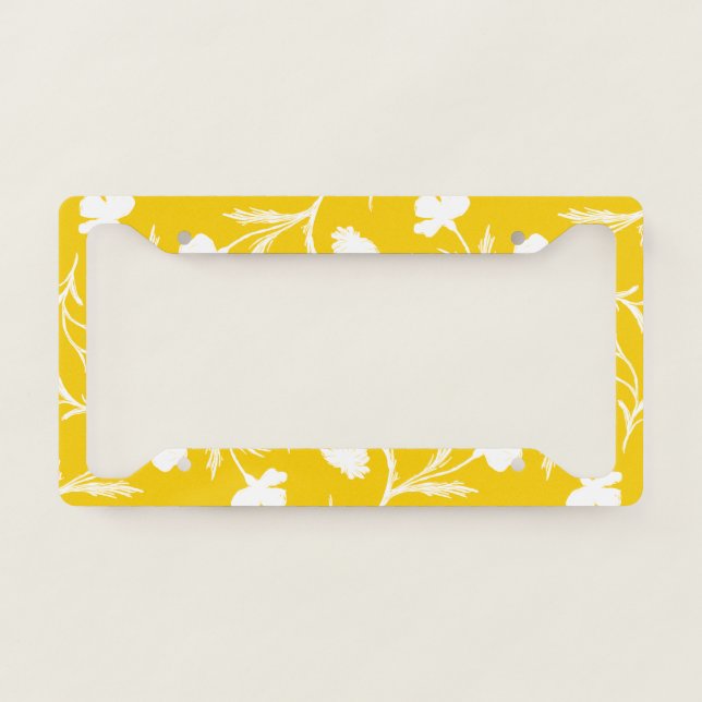 White and Yellow Pop Art Floral Pattern Elegant License Plate Frame (Front)
