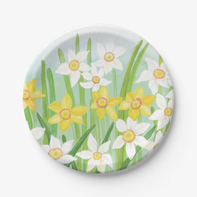 White and Yellow Spring Daffodils  Paper Plates (Front)