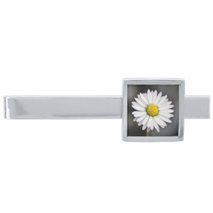 White and Yellow Wild Daisy Silver Finish Tie Bar