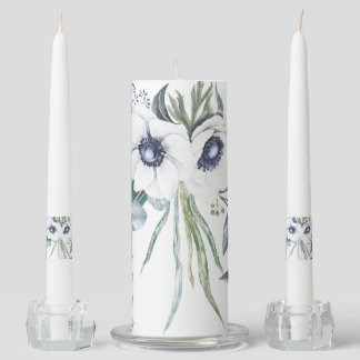 White Anemone Bouquet Eucalyptus Blue Green Unity Candle Set