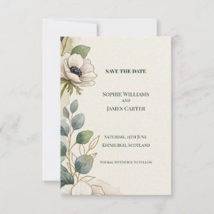 White Anemone Eucalyptus Save The Date Card
