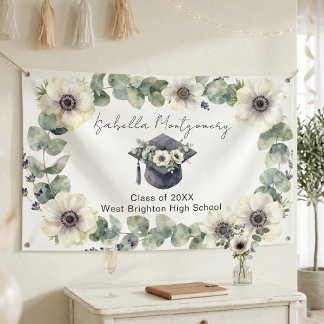 White Anemone Eucalyptus Watercolor Graduation Cap Banner