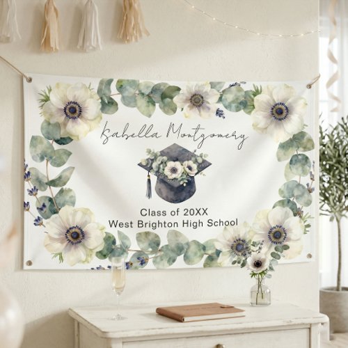 White Anemone Eucalyptus Watercolor Graduation Cap Banner