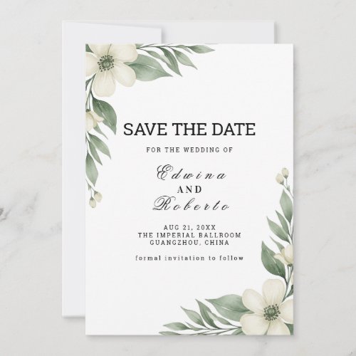 White Anemone Floral Greenery Save the Date Card