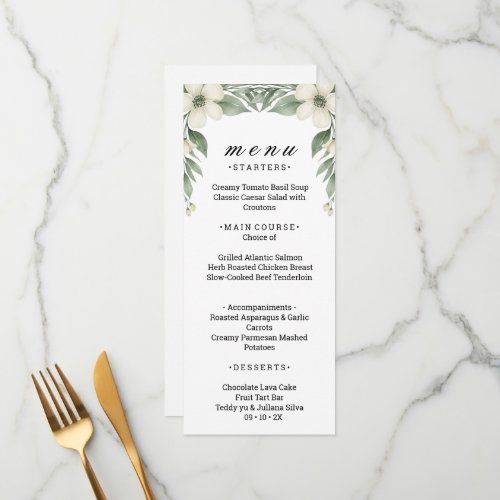 White Anemone Floral Greenery Wedding Menu Card