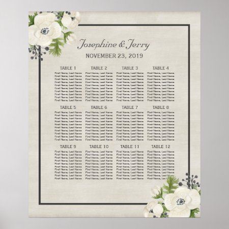 White Anemone Floral Wedding Seating Chart