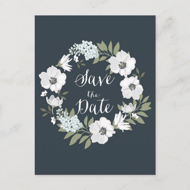 White Anemone Floral Wreath Save the Date Postcard (Front)