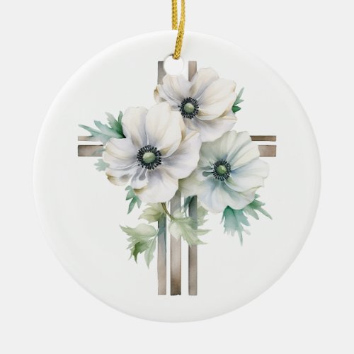 White anemone flower cross ceramic ornament