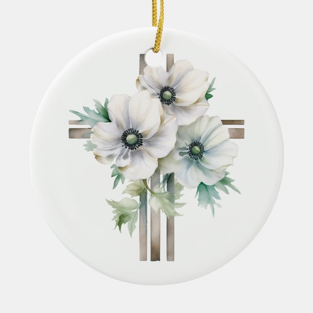 White anemone flower cross ceramic ornament (Front)
