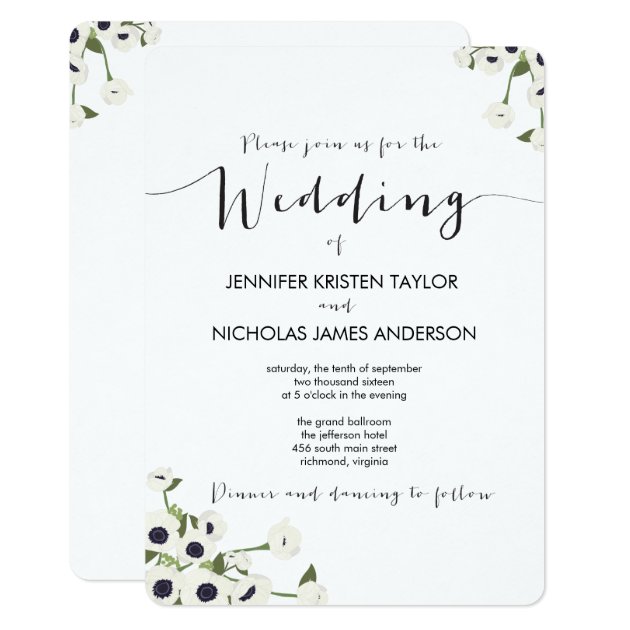 White Anemone Flower Vintage Wedding Invitation
