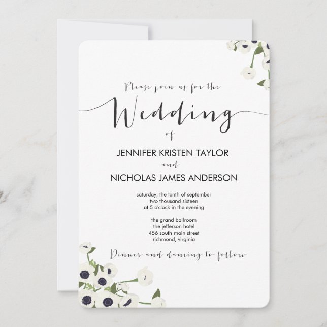White Anemone Flower Vintage Wedding Invitation (Front)