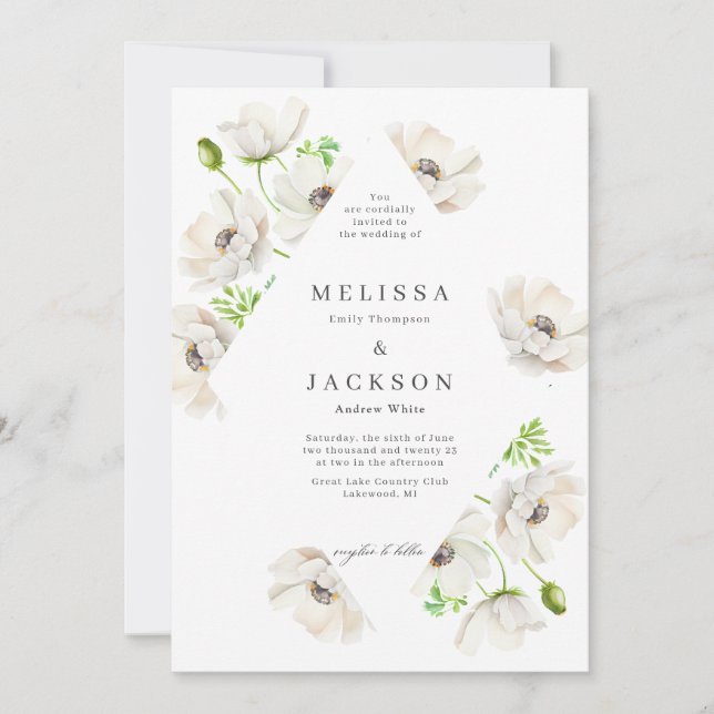 White Anemone Flower Wedding Invitation (Front)