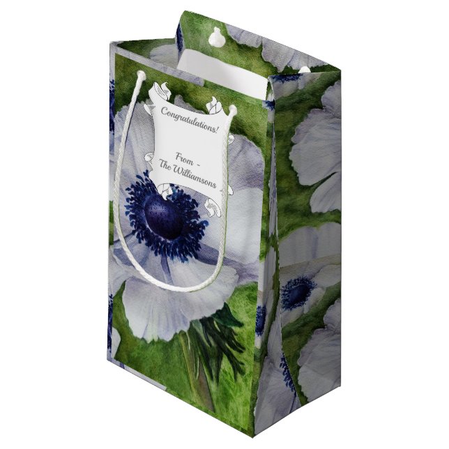 White Anemone Flower with Navy Blue Center Small Gift Bag (Front Angled)