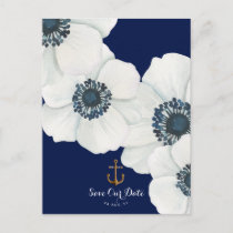 White Anemone Nautical Navy + Anchor Save the Date Announcement Postcard