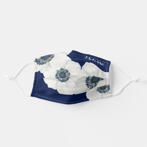 White Anemone Navy Blue Cloth Mask Floral