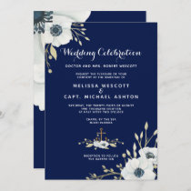 White Anemone Navy Nautical Wedding Formal Invitation