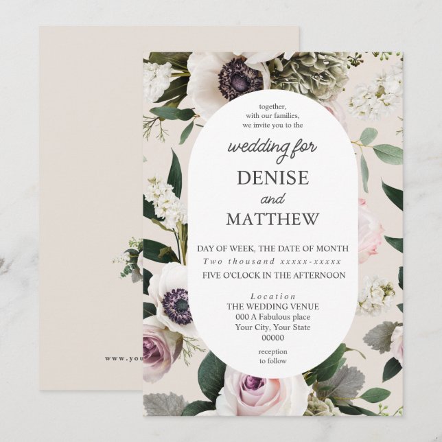 White Anemone on Cameo Beige Wedding Invitation (Front/Back)