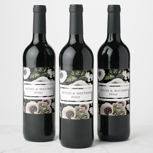 White Anemone on True Black Wine Label (Bottles)