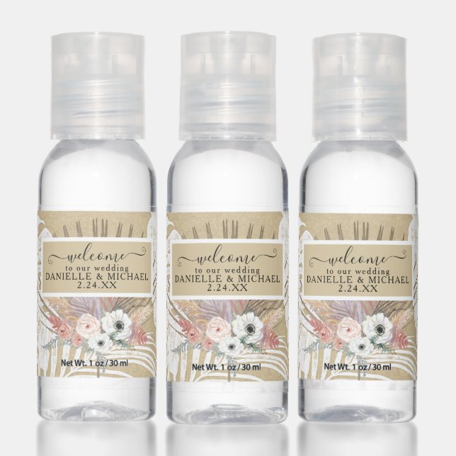 White Anemone Pink Floral Tropical Foliage Wedding Hand Sanitizer (Set)
