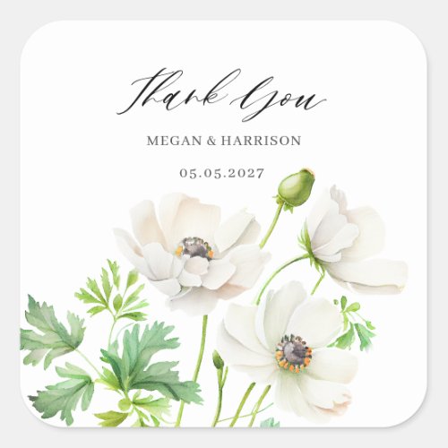 White Anemone Thank You Square Sticker