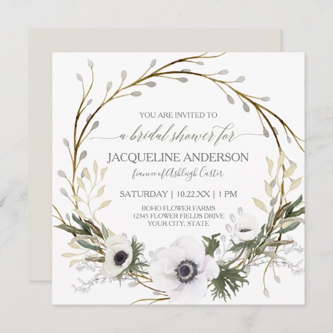 White Anemone Twig Fern Eucalyptus Bridal Shower Invitation
