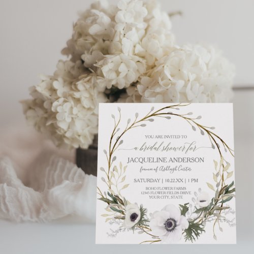 White Anemone Twig Fern Eucalyptus Bridal Shower Invitation