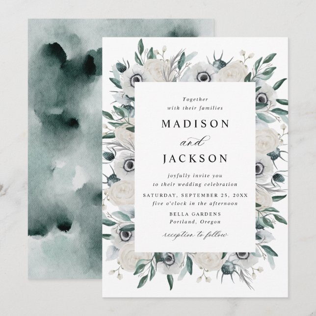 White Anemones and Roses Floral Wedding Invitation (Front/Back)