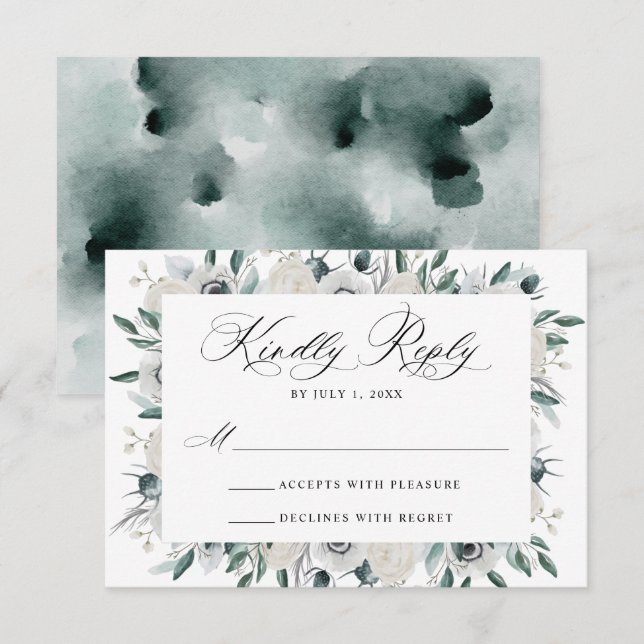 White Anemones and Roses Floral Wedding RSVP Card (Front/Back)