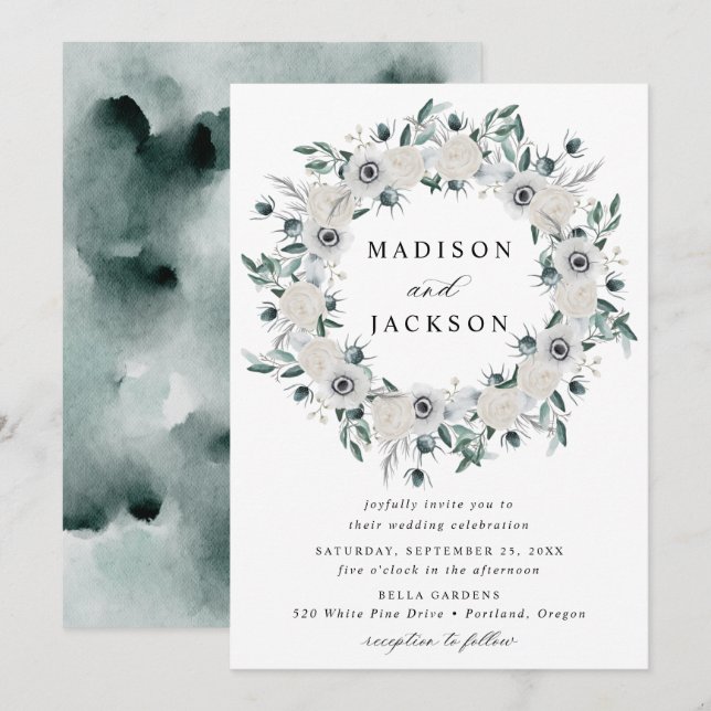 White Anemones and Roses Floral Wreath Wedding Invitation (Front/Back)