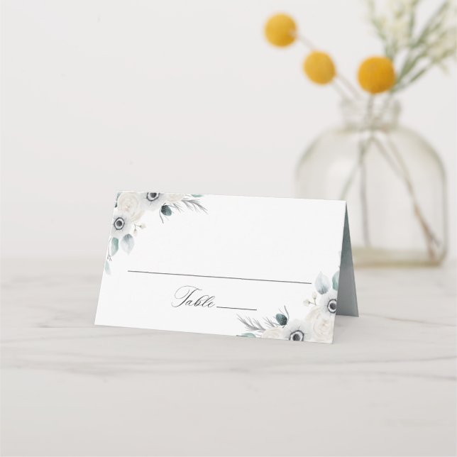 White Anemones and Roses Personalized Wedding Place Card (Front)