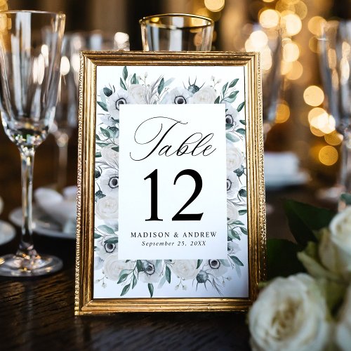 White Anemones and Roses Wedding Table Number