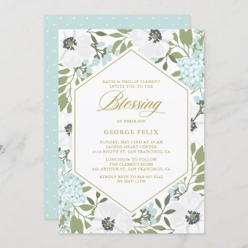 White Anemones Blue Floral Baby Blessing Invitation