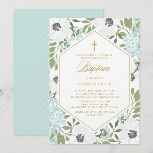 White Anemones Blue Floral Baby Boy Baptism Invitation