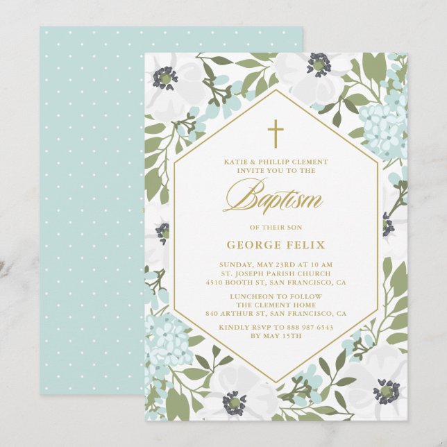 White Anemones Blue Floral Baby Boy Baptism Invitation (Front/Back)