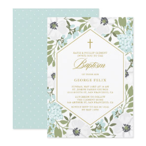 White Anemones Blue Floral Baby Boy Baptism Invitation