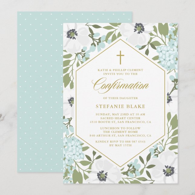 White Anemones Blue Floral Confirmation Invitation (Front/Back)