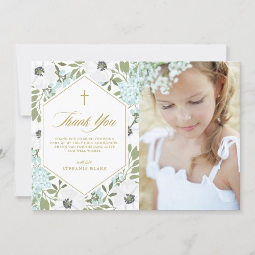 White Anemones Blue Floral First Communion Photo Thank You Card