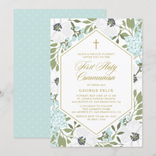 White Anemones Blue Floral First Holy Communion Invitation