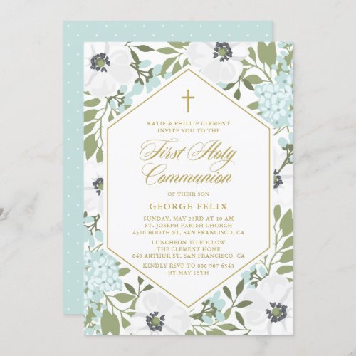 White Anemones Blue Floral First Holy Communion Invitation