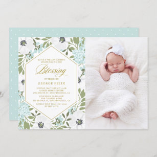 White Anemones Blue Floral Photo Baby Blessing Invitation