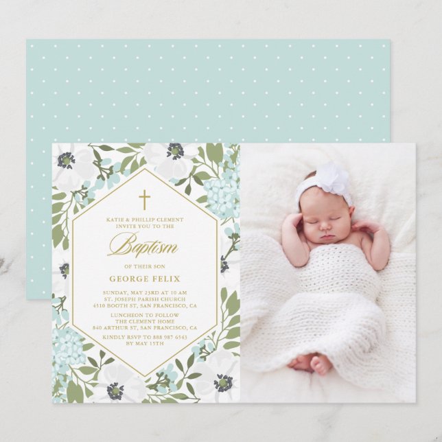 White Anemones Blue Floral Photo Baby Boy Baptism Invitation (Front/Back)