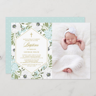 White Anemones Blue Floral Photo Baby Boy Baptism Invitation