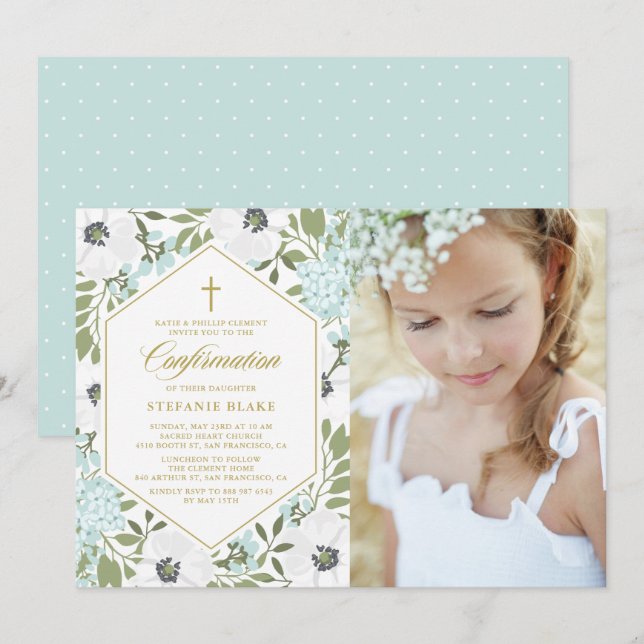 White Anemones Blue Floral Photo Confirmation Invitation (Front/Back)