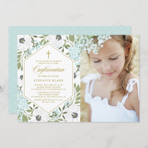 White Anemones Blue Floral Photo Confirmation Invitation