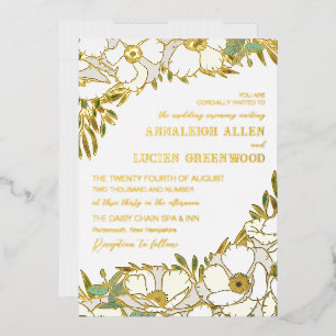 White Anemones Gold Foil Line Art Wedding Invitation