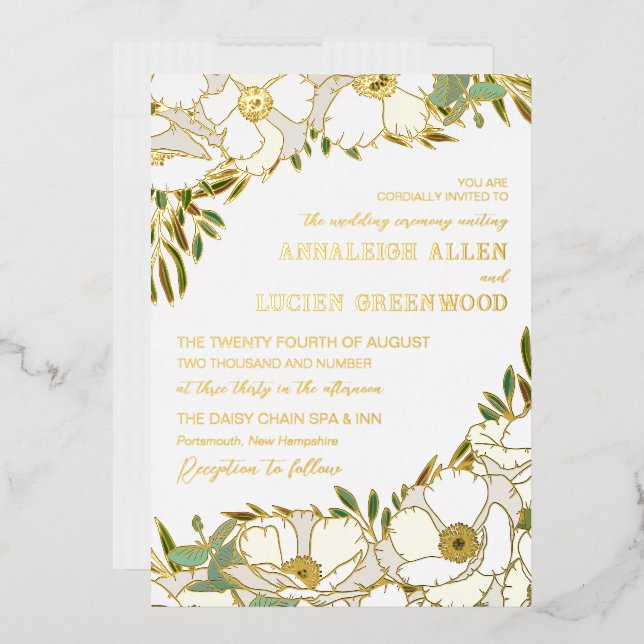 White Anemones Gold Foil Line Art Wedding Invitation (Envelope)