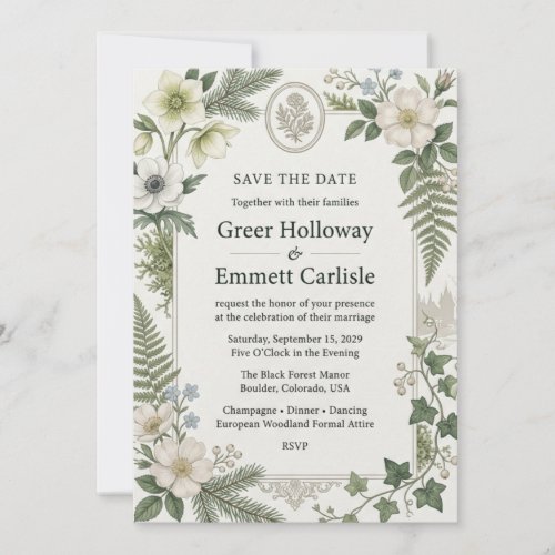White Anemones, Hellebores, Ferns, Ivy, Berries, O Invitation