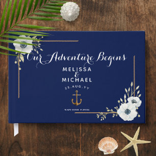 White Anemones ⚓️ Navy Blue Nautical Wedding Guest Book