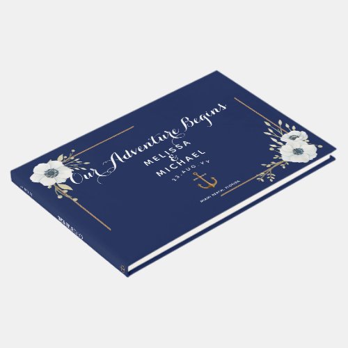 White Anemones  Navy Blue Nautical Wedding Guest Book