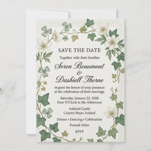 White Anemones, Shamrocks, Ivy Leaves, Celtic Bord Invitation